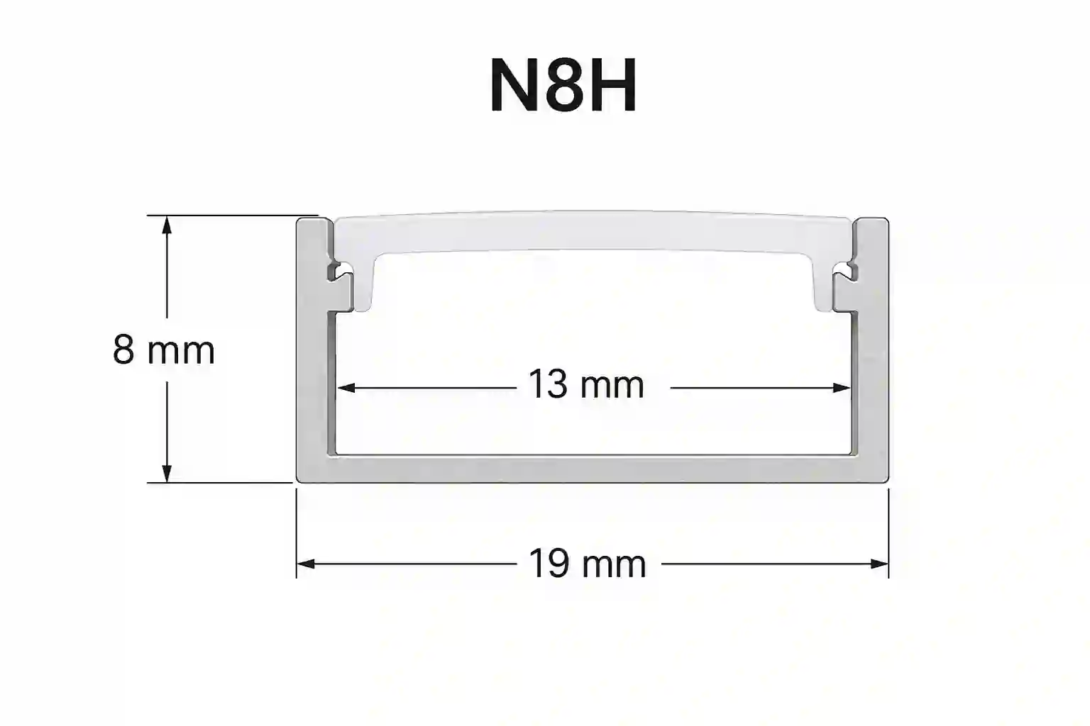 Pohled zepředu na profil N8H 19mm kanál 13mm výška 8mm stříbrný elox pro LED pásek max 14,5mm